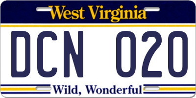 WV license plate DCN020
