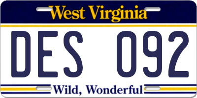 WV license plate DES092