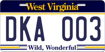 WV license plate DKA003