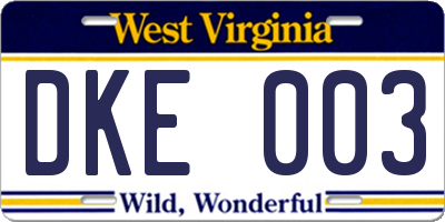 WV license plate DKE003