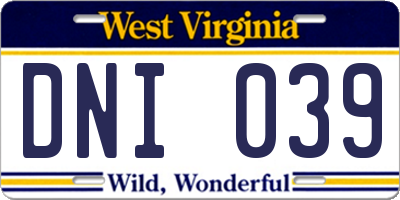 WV license plate DNI039