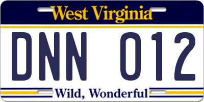 WV license plate DNN012
