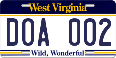 WV license plate DOA002