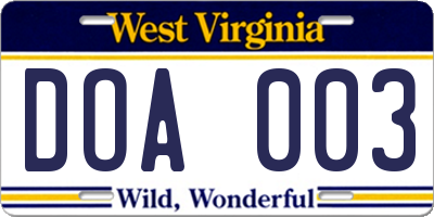 WV license plate DOA003