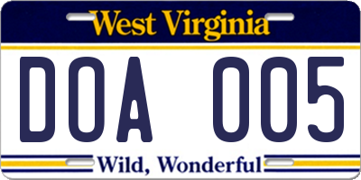 WV license plate DOA005