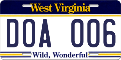 WV license plate DOA006