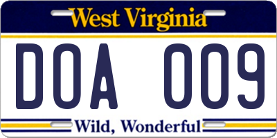 WV license plate DOA009