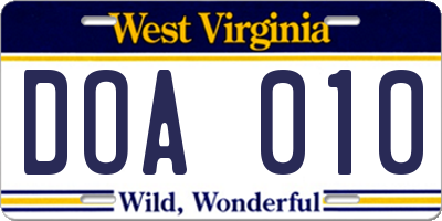 WV license plate DOA010