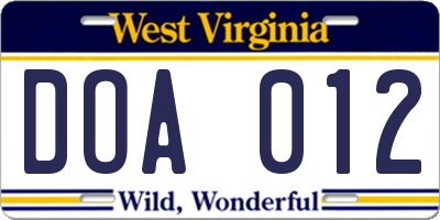WV license plate DOA012