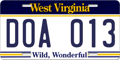 WV license plate DOA013