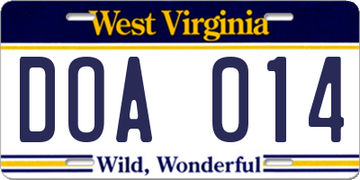 WV license plate DOA014