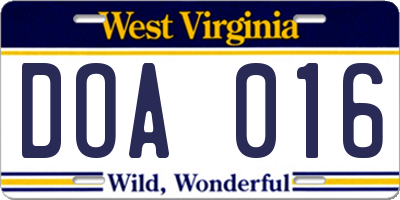 WV license plate DOA016