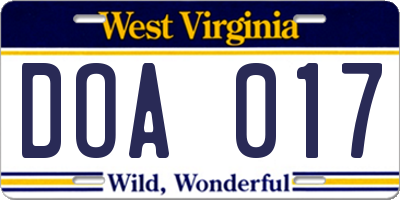 WV license plate DOA017