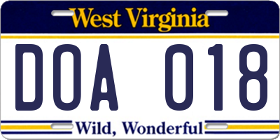 WV license plate DOA018