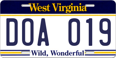 WV license plate DOA019