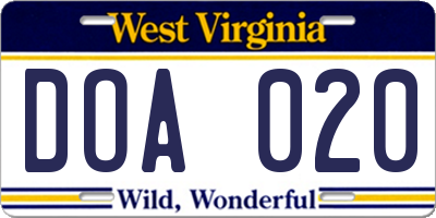 WV license plate DOA020