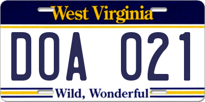 WV license plate DOA021