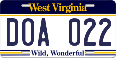 WV license plate DOA022