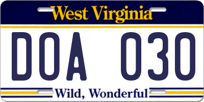 WV license plate DOA030