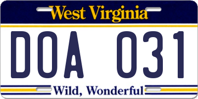 WV license plate DOA031