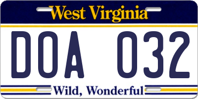 WV license plate DOA032