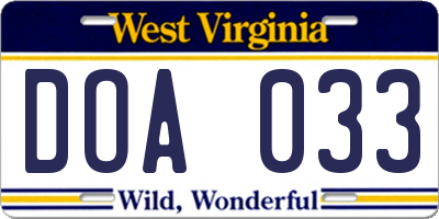 WV license plate DOA033
