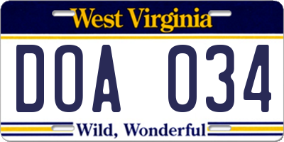 WV license plate DOA034