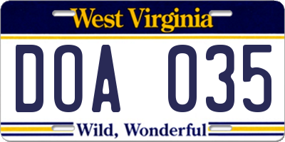 WV license plate DOA035