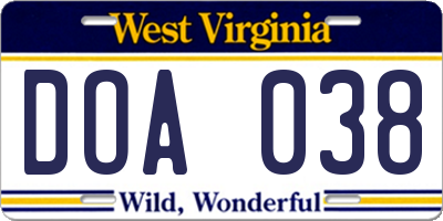 WV license plate DOA038