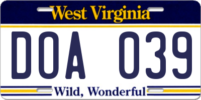 WV license plate DOA039