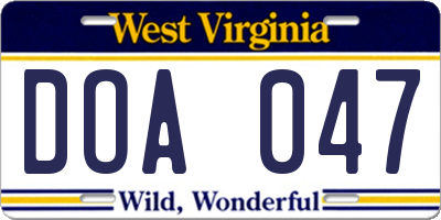 WV license plate DOA047