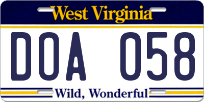 WV license plate DOA058