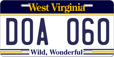 WV license plate DOA060