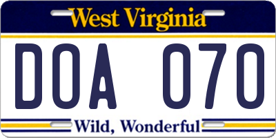 WV license plate DOA070