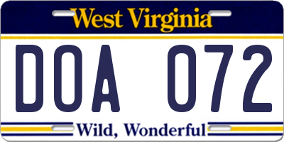 WV license plate DOA072