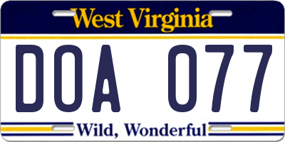 WV license plate DOA077