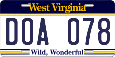 WV license plate DOA078