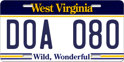 WV license plate DOA080