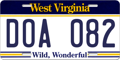 WV license plate DOA082