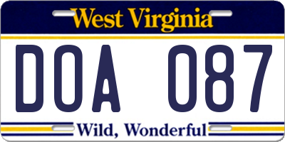 WV license plate DOA087