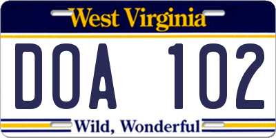 WV license plate DOA102