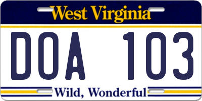 WV license plate DOA103