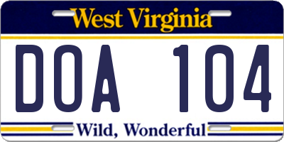 WV license plate DOA104