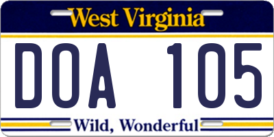 WV license plate DOA105