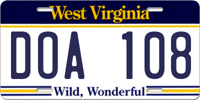 WV license plate DOA108