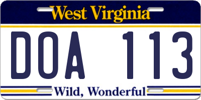 WV license plate DOA113