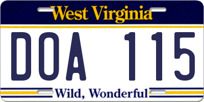 WV license plate DOA115