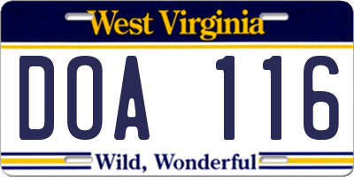 WV license plate DOA116