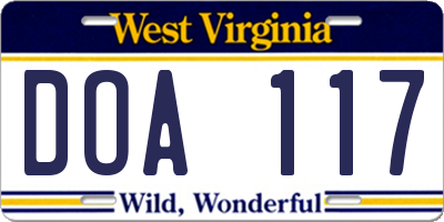 WV license plate DOA117