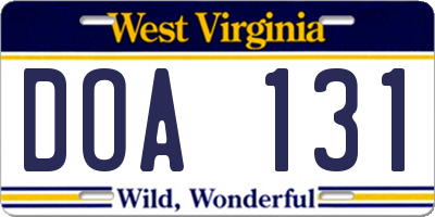 WV license plate DOA131